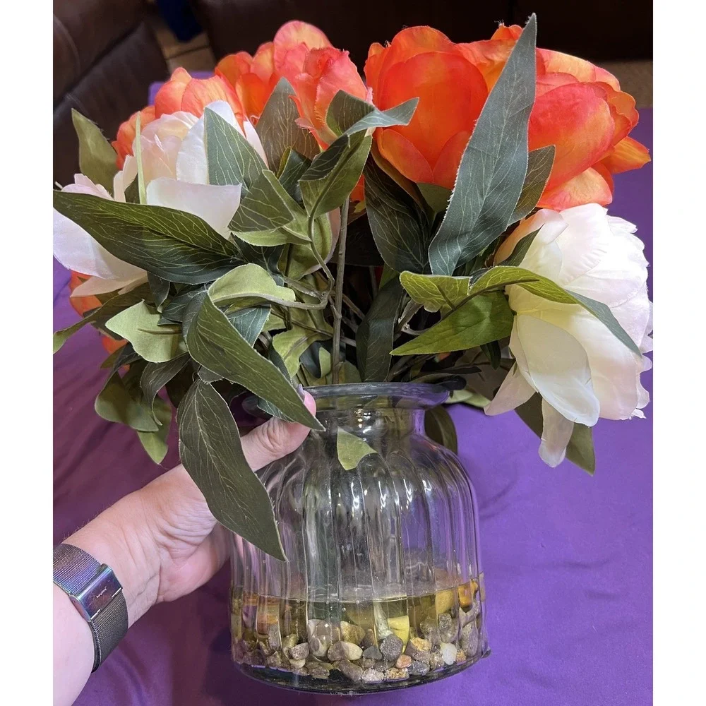 LARGE ASSORTED SILK FLOWERS CLEAR‎ GLASS FAUX WATER CENTERPIECE VASE 15